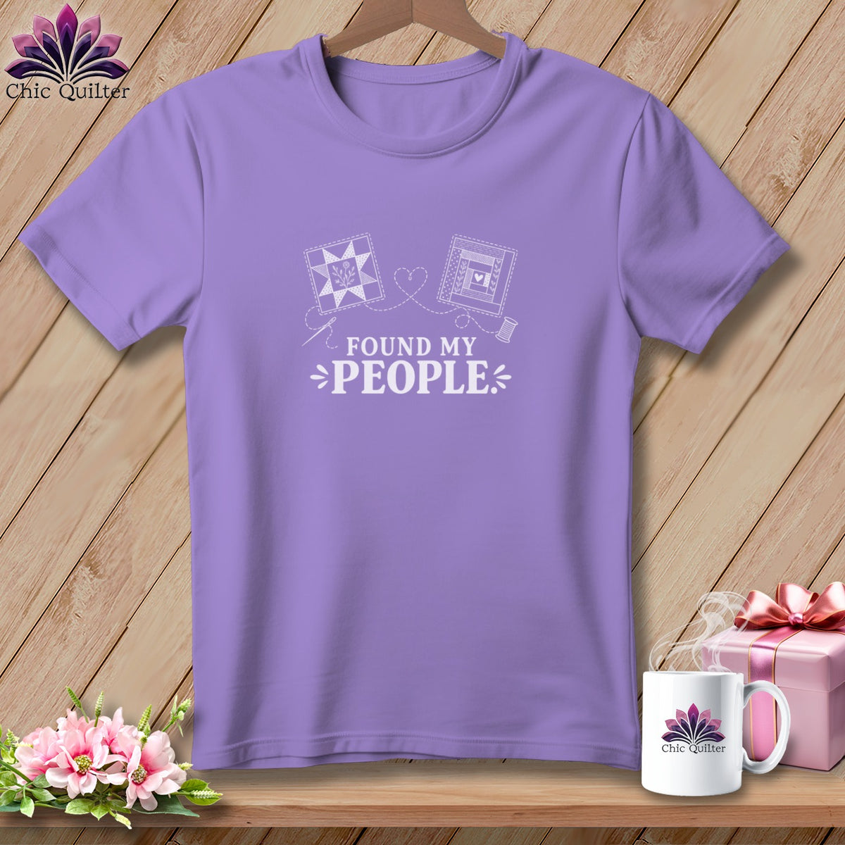 Purple t-shirt with "FOUND MY PEOPLE" text and quilt graphics.