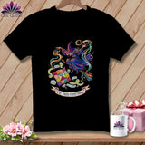 Black t-shirt with a whimsical witch flying with quilting tools and fabric, reading 