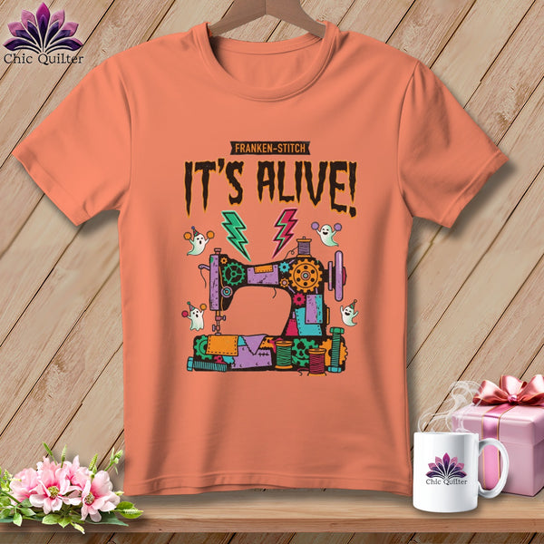 Orange t-shirt with "Franken-Stitch" and "IT'S ALIVE!" text and sewing machine graphic.