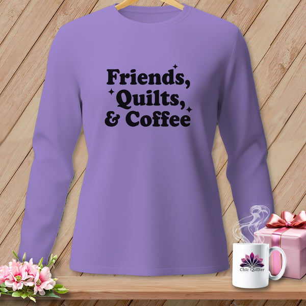 Lavender long-sleeve shirt with "Friends, Quilts, & Coffee" text.