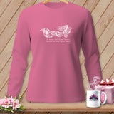 Pink long-sleeve shirt with white graphic of a woman holding fabric and text 