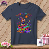 T-shirt with cartoon witch holding fabric with text 
