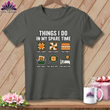 Dark gray t-shirt with white text and graphics humorously detailing six quilting activities.