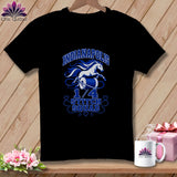 Black t-shirt featuring blue text reading Indianapolis 1/4 Stitch Squad with a horse and thread spool graphic.