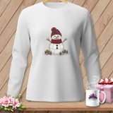 White long-sleeved shirt with a stitched snowman graphic surrounded by spools of thread.