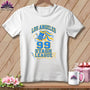 White t-shirt featuring a blue and yellow Los Angeles Stash League graphic with a spool of thread and needle.