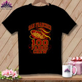 Black t-shirt featuring a San Francisco 100 Fabric Crew graphic with buttons and text.