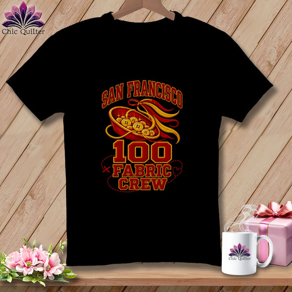 Black t-shirt featuring a San Francisco 100 Fabric Crew graphic with buttons and text.