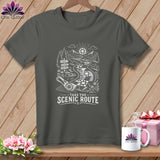 Dark grey t-shirt featuring a scenic quilt road with signs and text 
