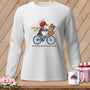 Penguin on bicycle with fabric rolls, "off to buy fabric I don't need."