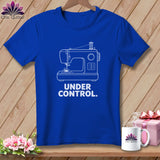 Blue t-shirt with white sewing machine graphic and text 