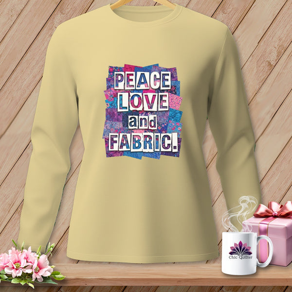 Light yellow long-sleeve shirt with "PEACE LOVE and FABRIC" text.