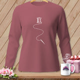 Rose long-sleeve shirt with white spool of thread and needle graphic.