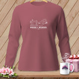 Mauve long-sleeved shirt with a white line drawing of a sewing machine, mountains, and sun.