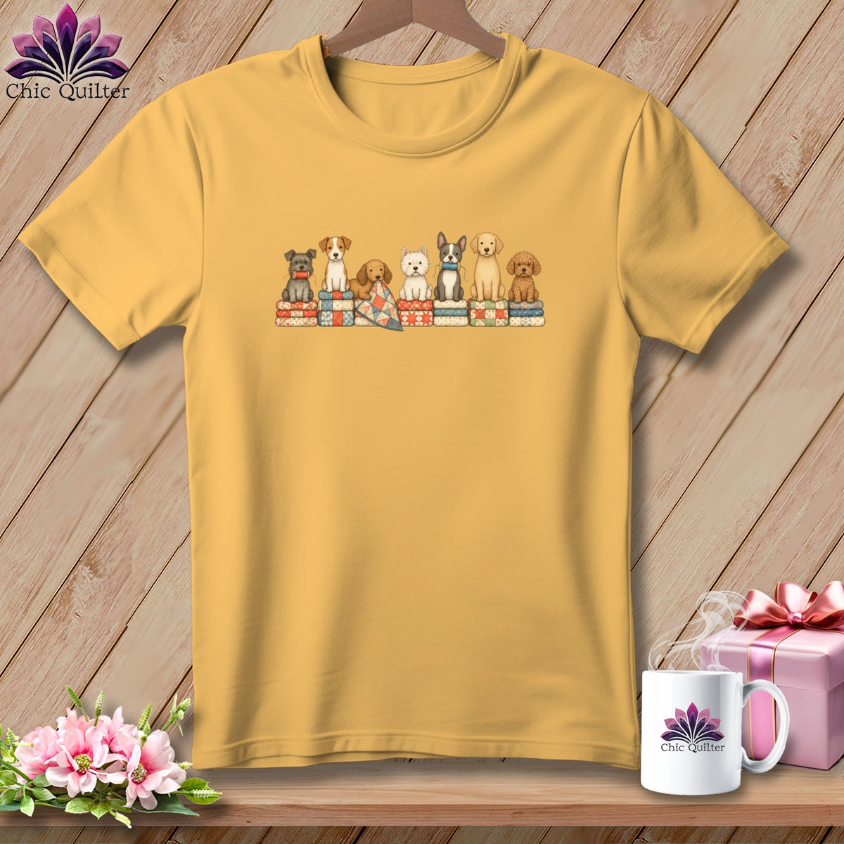 Golden yellow crewneck t-shirt featuring an illustration of seven dogs sitting on a stack of quilts.