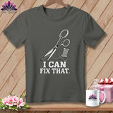 Gray t-shirt with scissors, thread, and text 