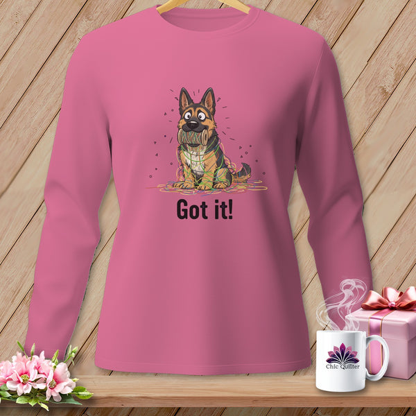 German Shepherd tangled in colorful yarn with "Got it!" text.