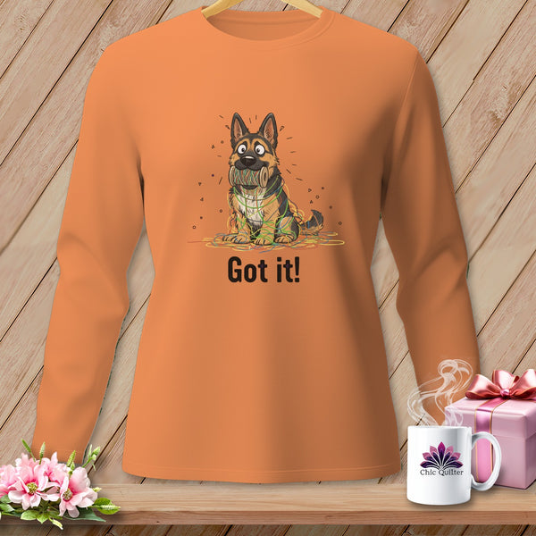 German Shepherd dog tangled in yarn with text "Got it!"