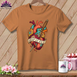 Brown t-shirt with anatomically correct heart graphic pierced by a dagger, reading 