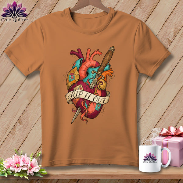 Brown t-shirt with anatomically correct heart graphic pierced by a dagger, reading "RIP IT OUT".