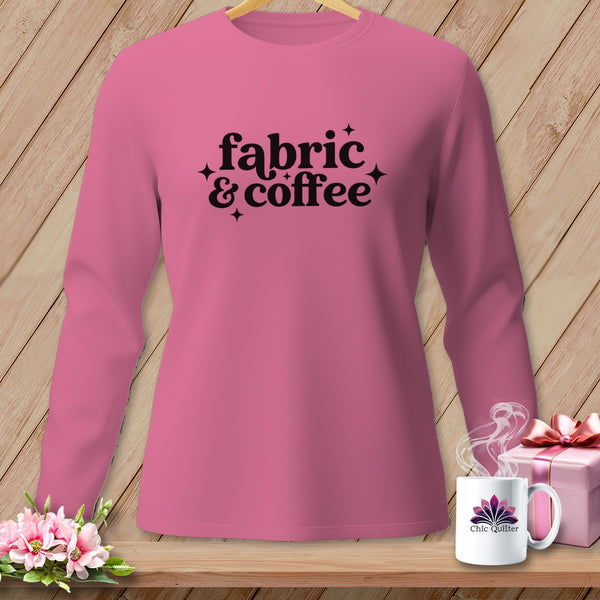 Pink long-sleeve shirt with "fabric & coffee" text, gift, flowers, and coffee mug.