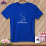 Blue t-shirt with white sewing machine, moon, stars, and text "ONE MORE ROW."