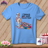 Light blue t-shirt with a llama and yarn graphic reading 