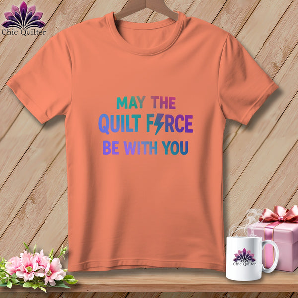 Peach t-shirt with "May the Quilt Force be with you" text and lightning bolt.