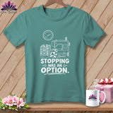 Teal t-shirt with sewing machine graphic and 