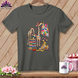 Charcoal gray t-shirt featuring a colorful patchwork design of giraffes with quilts on a wooden background.