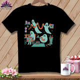 Black t-shirt with graphic of cute ghosts sewing and quilting.