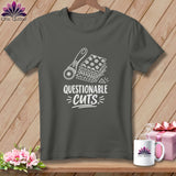T-shirt with white graphic of rotary cutter, fabric stacks, and text 