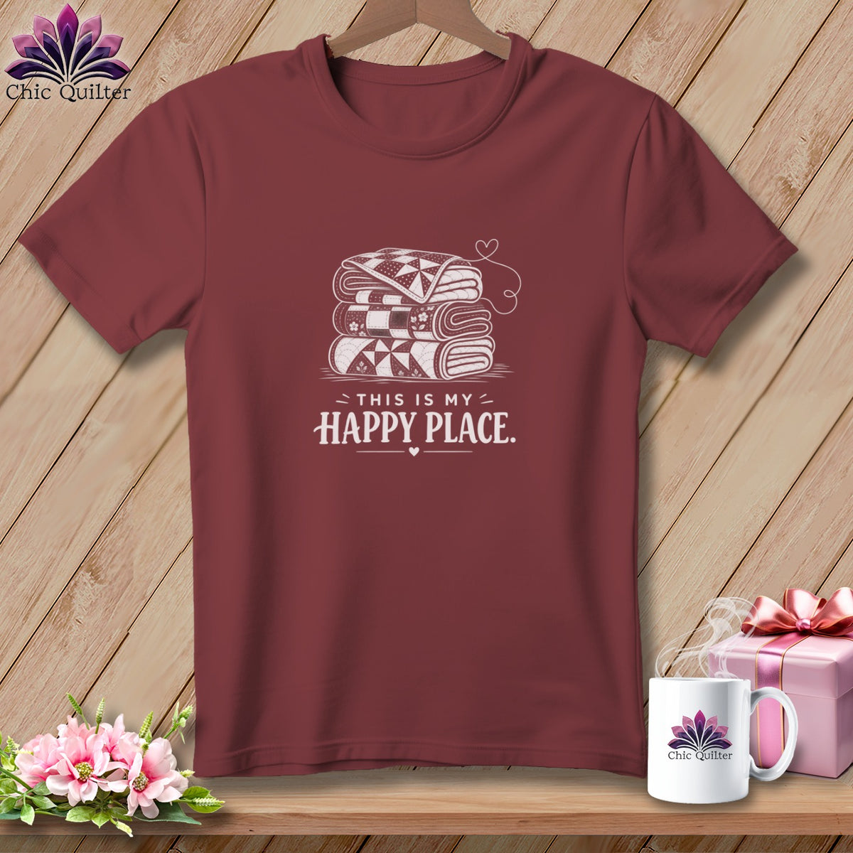 Maroon t-shirt with stacked quilts graphic and "This is my happy place" text.