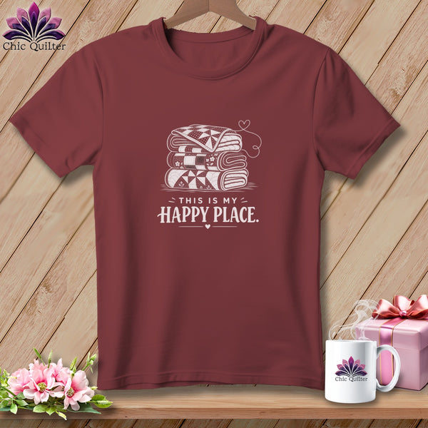 Maroon t-shirt with stacked quilts graphic and "This is my happy place" text.