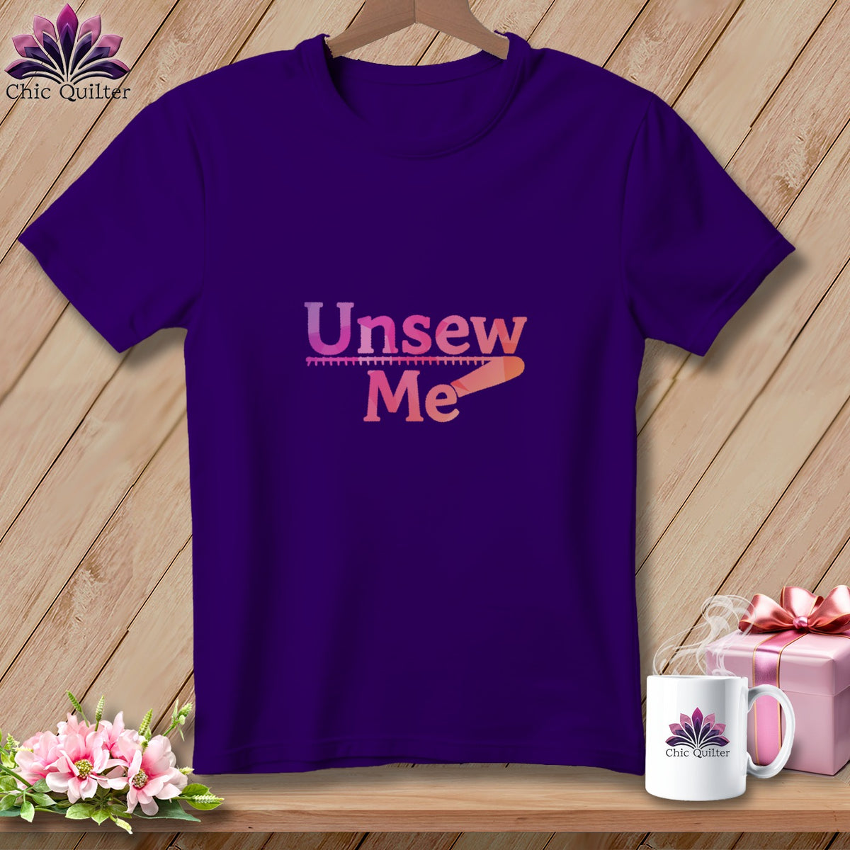 Purple t-shirt with "Unsew Me" text and sewing tool graphic.