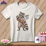 White t-shirt with raccoon holding colorful quilt scraps, text 