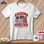 A white t-shirt features a graphic with a crate of fabric rolls and text reading Arizona Quilter.