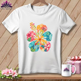 A white short-sleeved t-shirt features a colorful quilted hibiscus flower graphic centered on the chest.