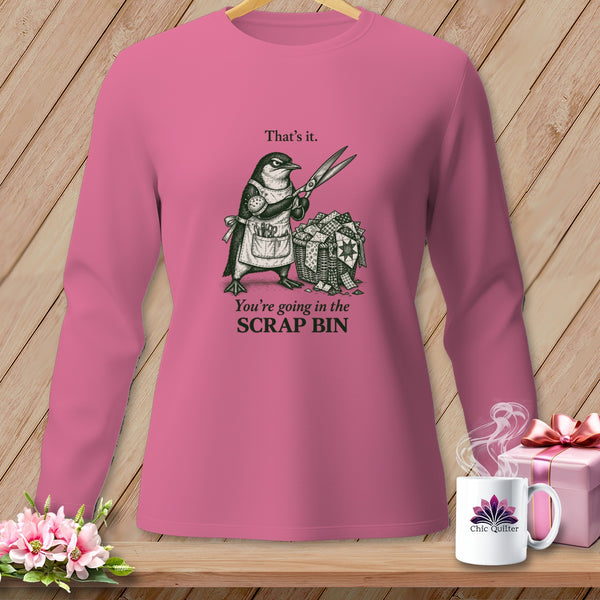 Pink long-sleeved shirt with a penguin graphic and text "That's it. You're going in the SCRAP BIN."