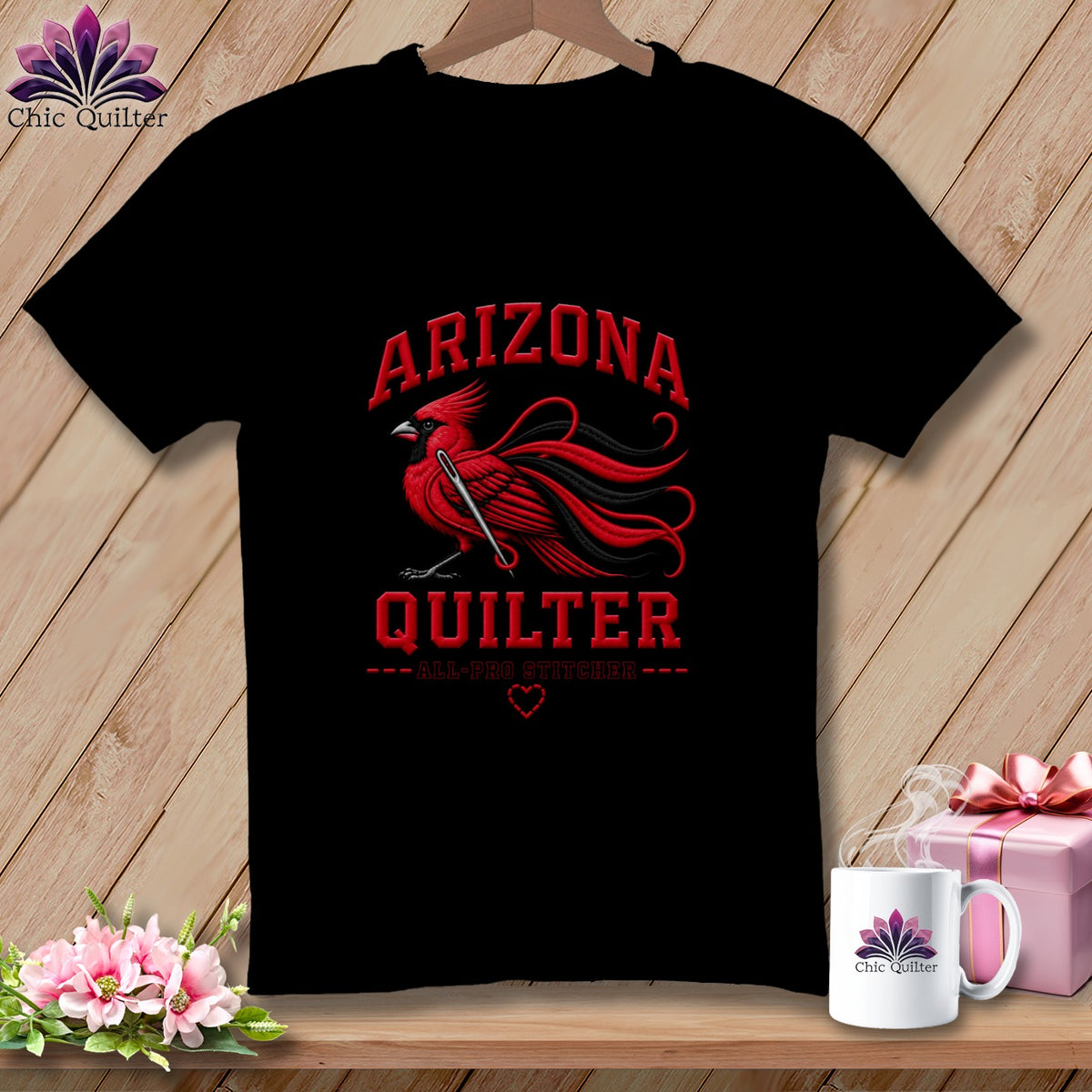 A black t-shirt features a red cardinal graphic and text that reads Arizona Quilter.