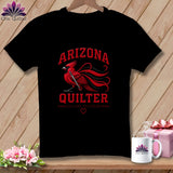 A black t-shirt features a red cardinal graphic and text that reads Arizona Quilter.