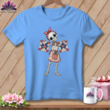 Skeleton wearing apron and bandana holding quilt squares, text 
