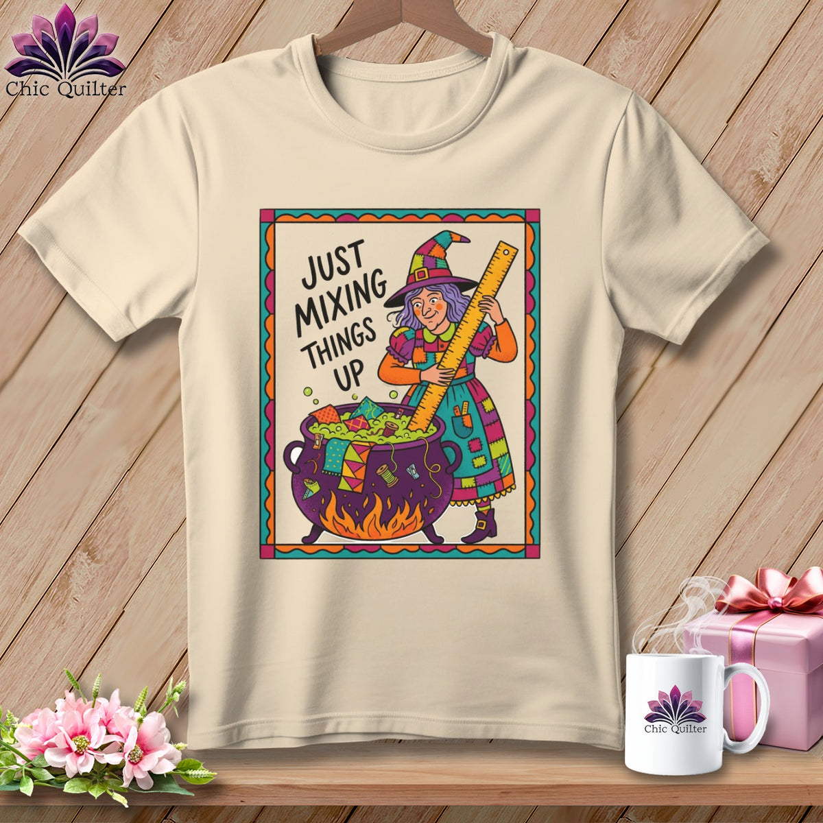 Witch mixing quilting scraps in cauldron with text "JUST MIXING THINGS UP".