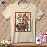 Witch mixing quilting scraps in cauldron with text 