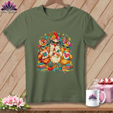Olive green t-shirt featuring a graphic of three whimsical chickens wearing glasses and floral crowns while holding quilted blocks.
