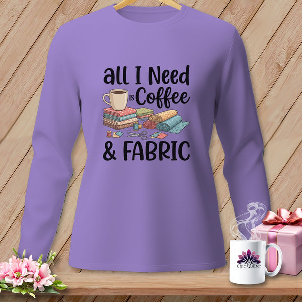 Purple long-sleeved shirt with "All I Need is Coffee & Fabric" graphic.