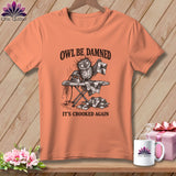 T-shirt with an owl ironing a quilt, text reads 