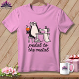 Pink t-shirt with cartoon penguin sewing and text 
