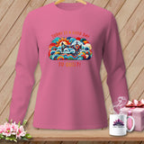 Pink long-sleeve shirt with colorful quilt design and text 