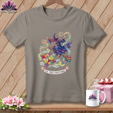 T-shirt with witch flying on broom with quilting supplies and text 